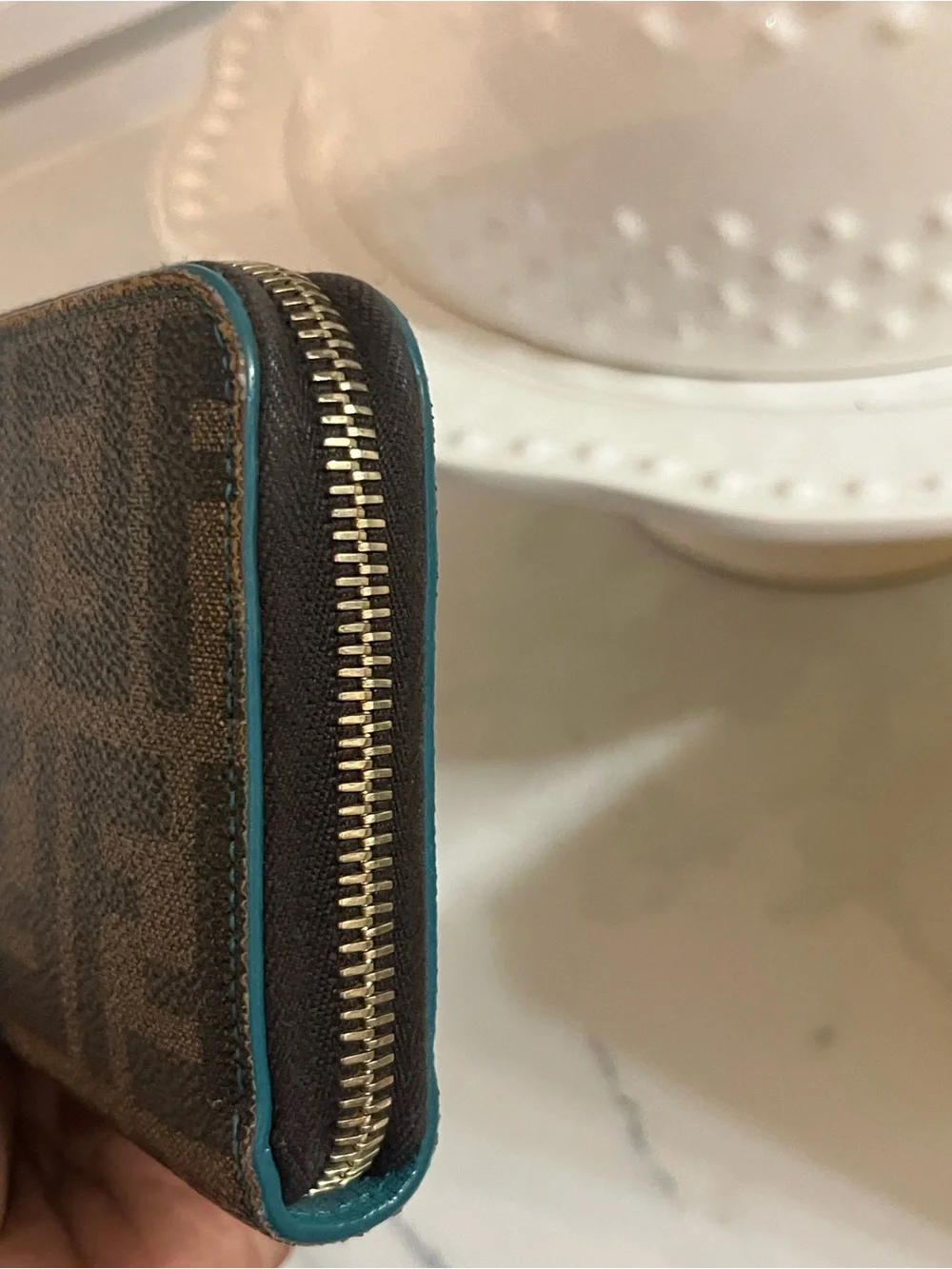 Fendi Teal and Brown Zip-Around Wallet with FF Motif
